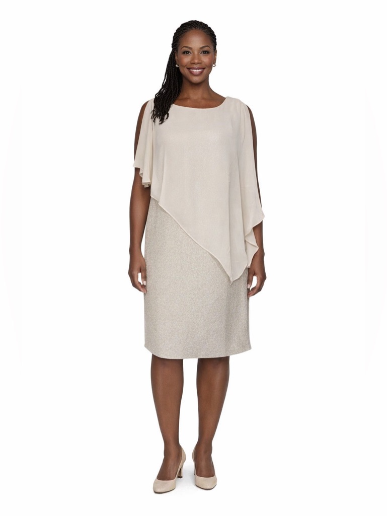 Midnight Velvet Sparkle Knit & Chiffon Beige Cocktail Party Cape Dress Size 10